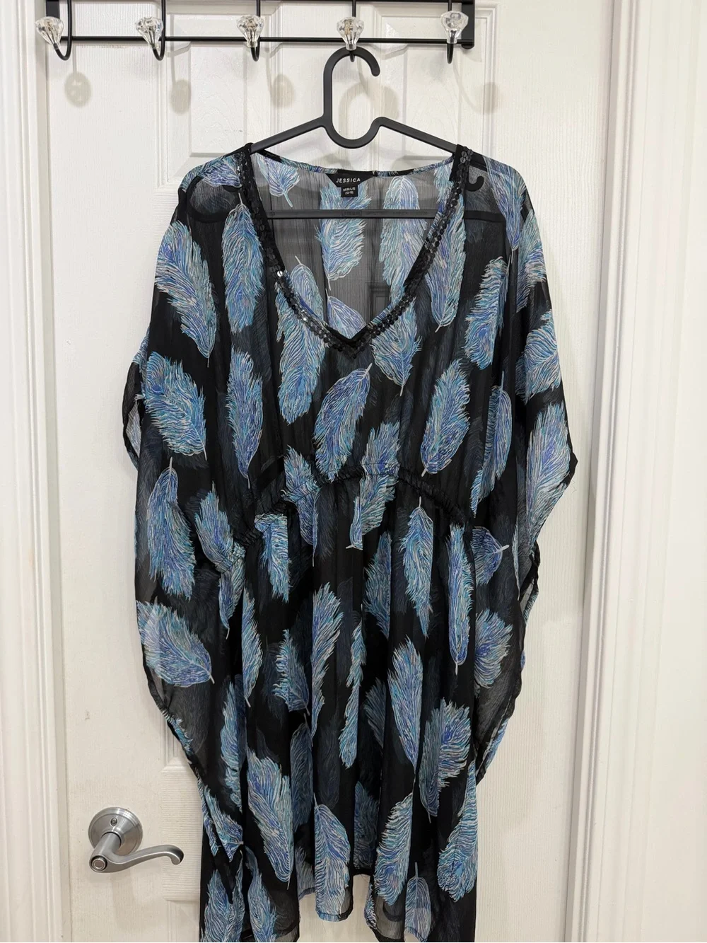 Jessica Black Sheer Cover up with Blue Feather Motif - Picture 2 of 5